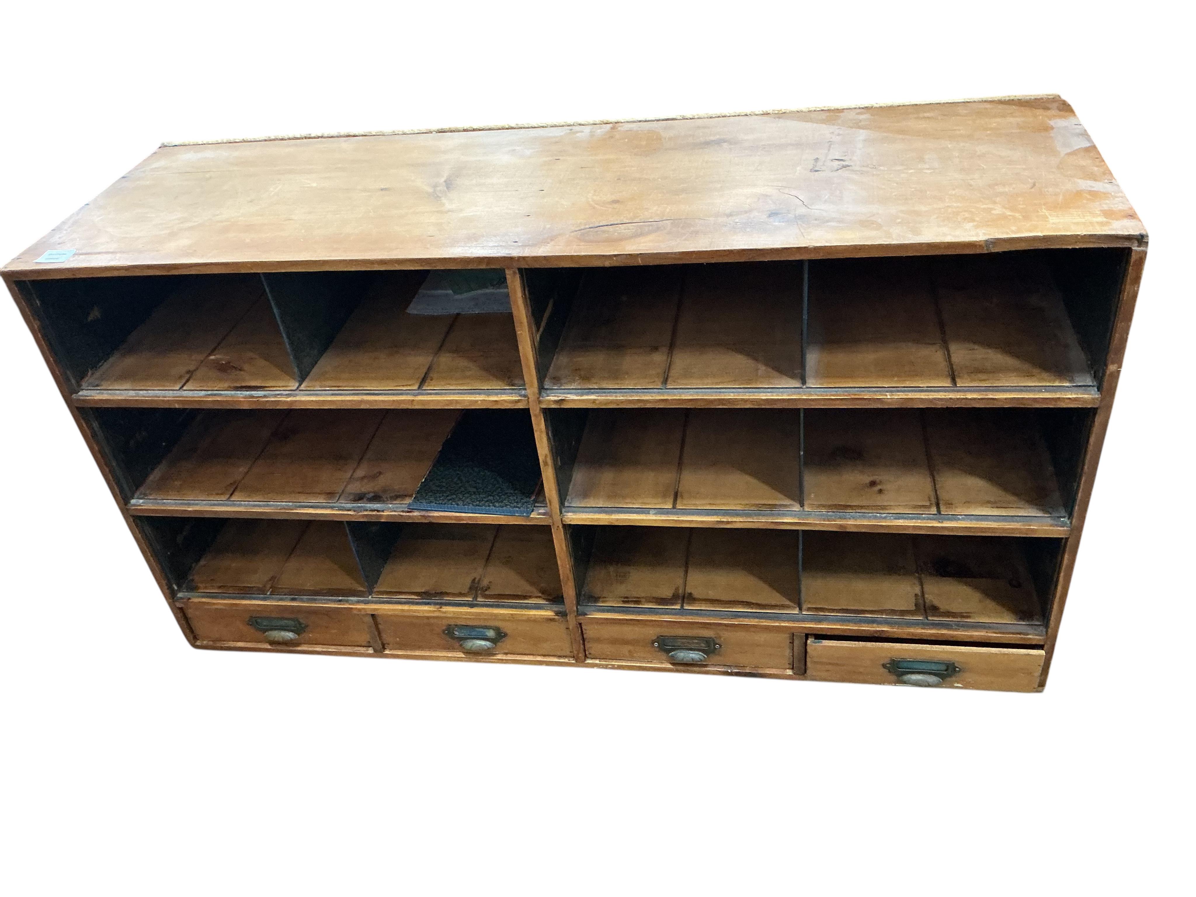 A mid century pine pigeonhole unit, width 121cm, depth 39cm, height 85cm